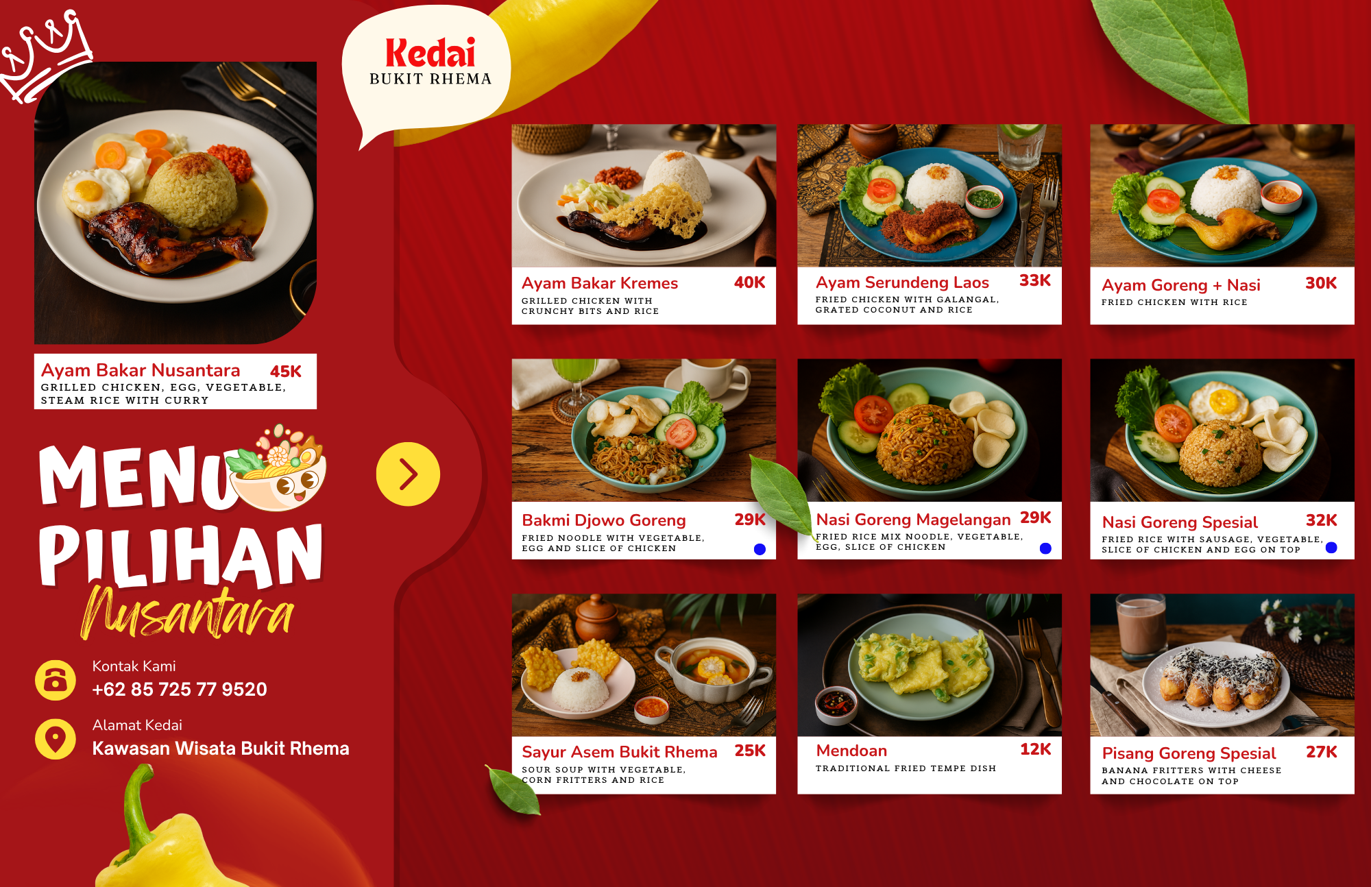 Borobudur Magelang Bukit Rhema & 体验店的菜单 8 重食菜单