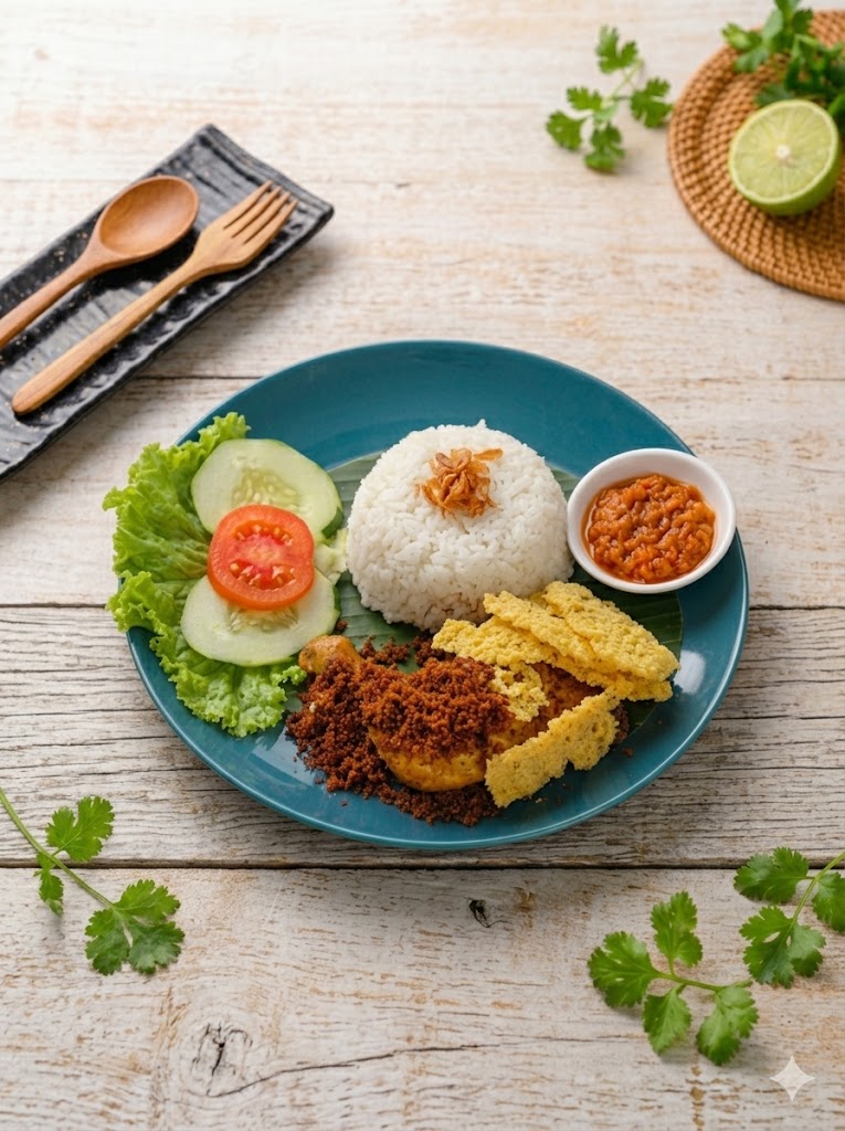 Ayam Kremes Serundeng: Menu Makanan Favorit di Borobudur 5 Sepiring Ayam Kremes Serundeng dengan sambal dan lalapan segar menu tempat makan di Borobudur