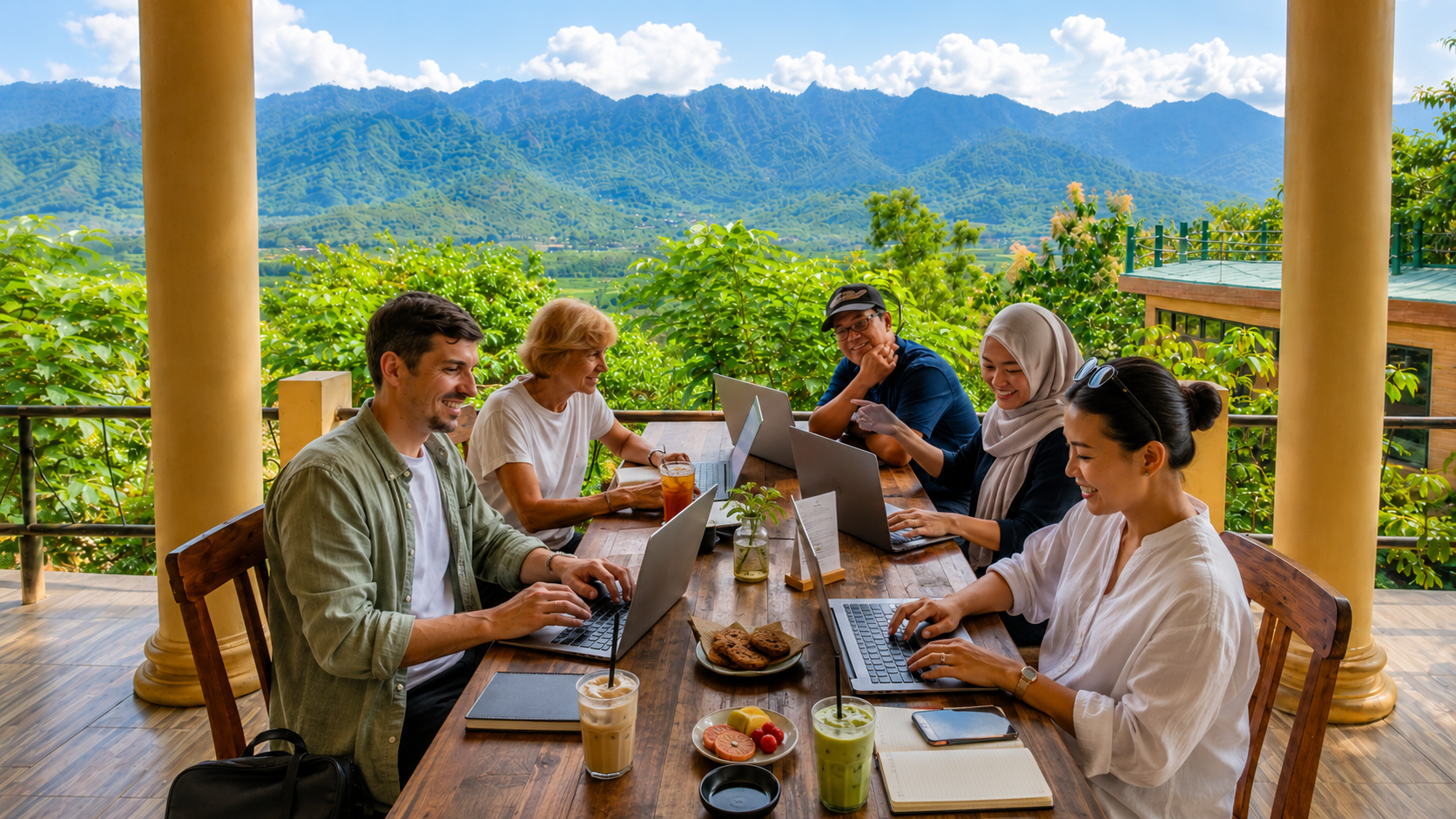 WFC Borobudur: Kerja Produktif dengan View Alam di Magelang 5 Pengunjung bekerja di Kedai Bukit Rhema, cafe view alam Magelang yang tenang