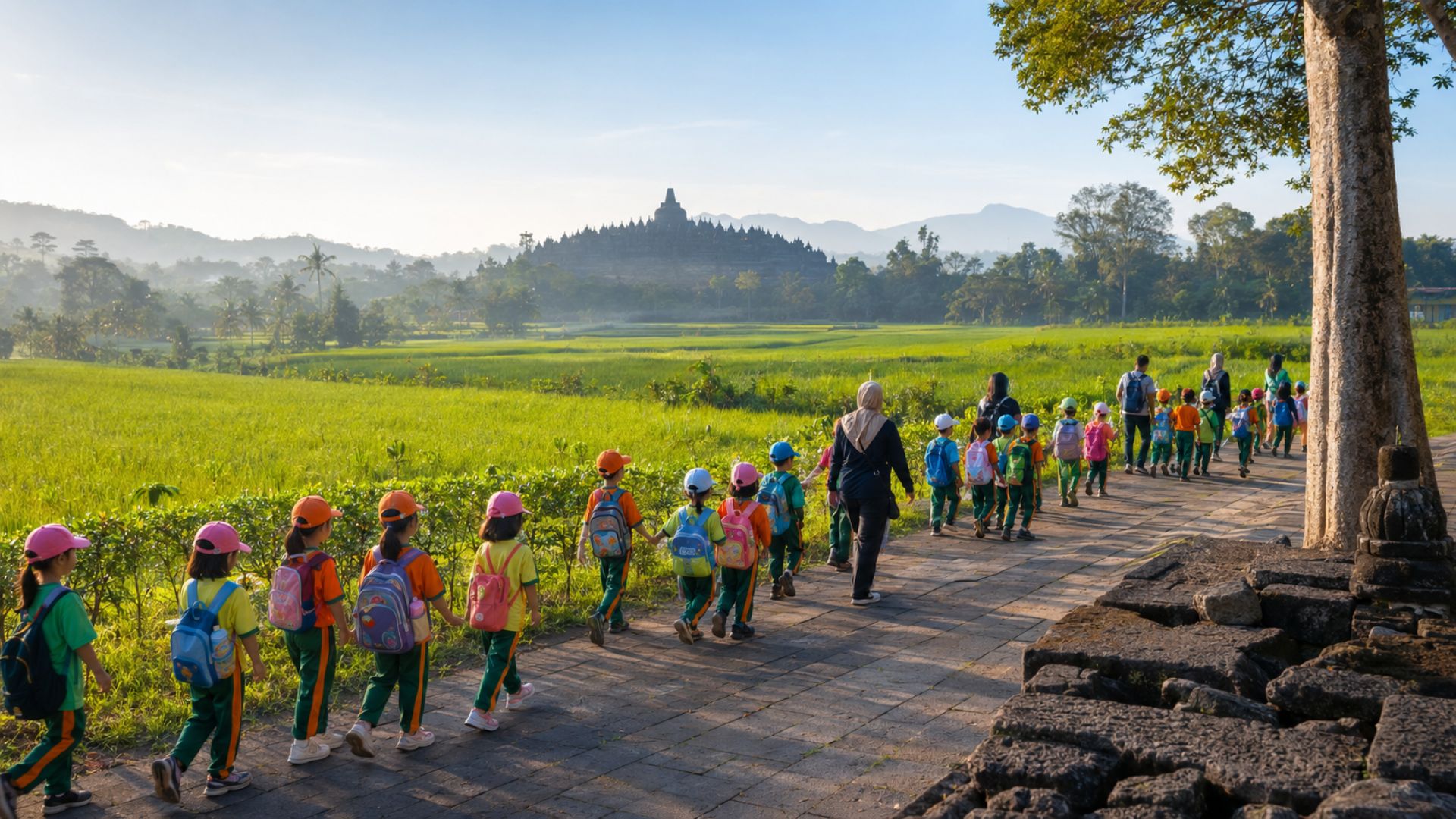 Contoh Proposal Outing Sekolah dan Kantor ke Borobudur: Rundown, Anggaran, dan Checklist 4 Rombongan berjalan bersama dalam kegiatan outing Borobudur