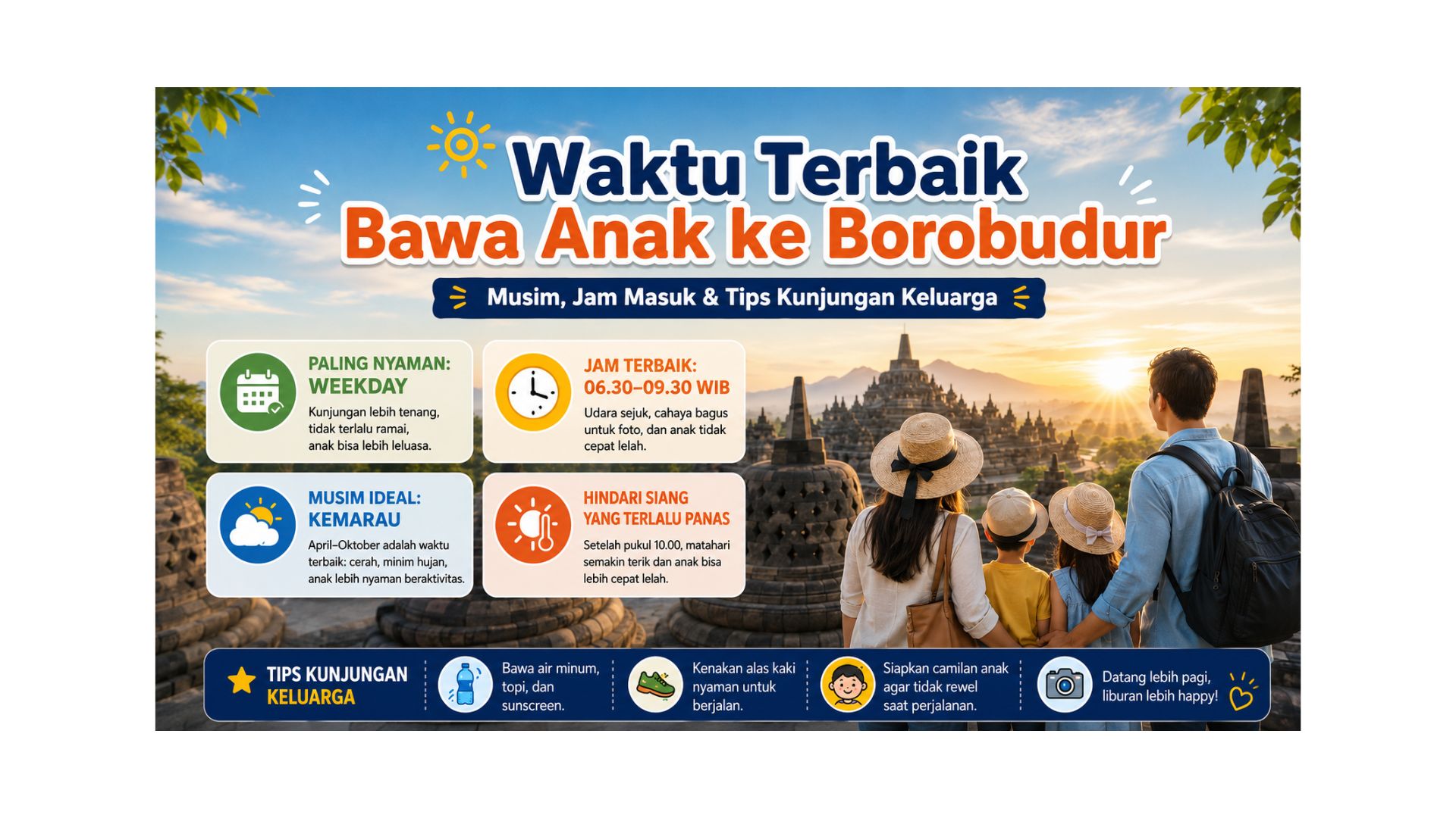 Waktu Terbaik Bawa Anak ke Borobudur: Musim, Jam Masuk & Cara Hindari Antrean Panjang 2 waktu terbaik wisata keluarga Borobudur di kawasan Borobudur