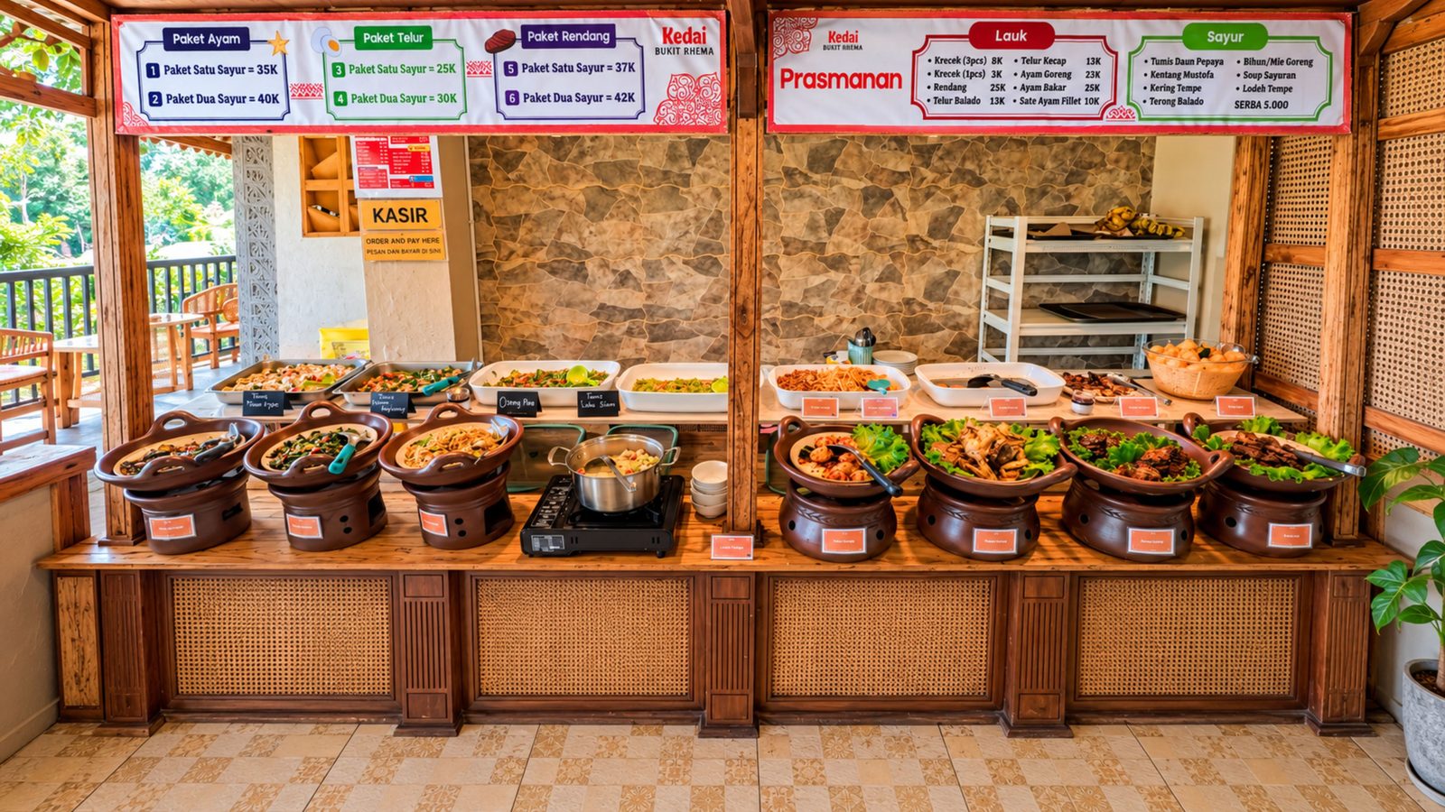 Makan Keluarga di Kedai Bukit Rhema: Meja Rombongan, Prasmanan & View 1 Counter prasmanan Kedai Bukit Rhema dengan lauk di cobek tanah liat dan banner paket