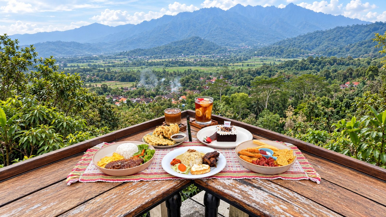Itinerary Sehari di Bukit Rhema: Sunrise, Makan di Kedai Bukit Rhema, dan Bakery Lantai 2 1 Hidangan di meja teras Kedai Bukit Rhema menghadap Perbukitan Menoreh